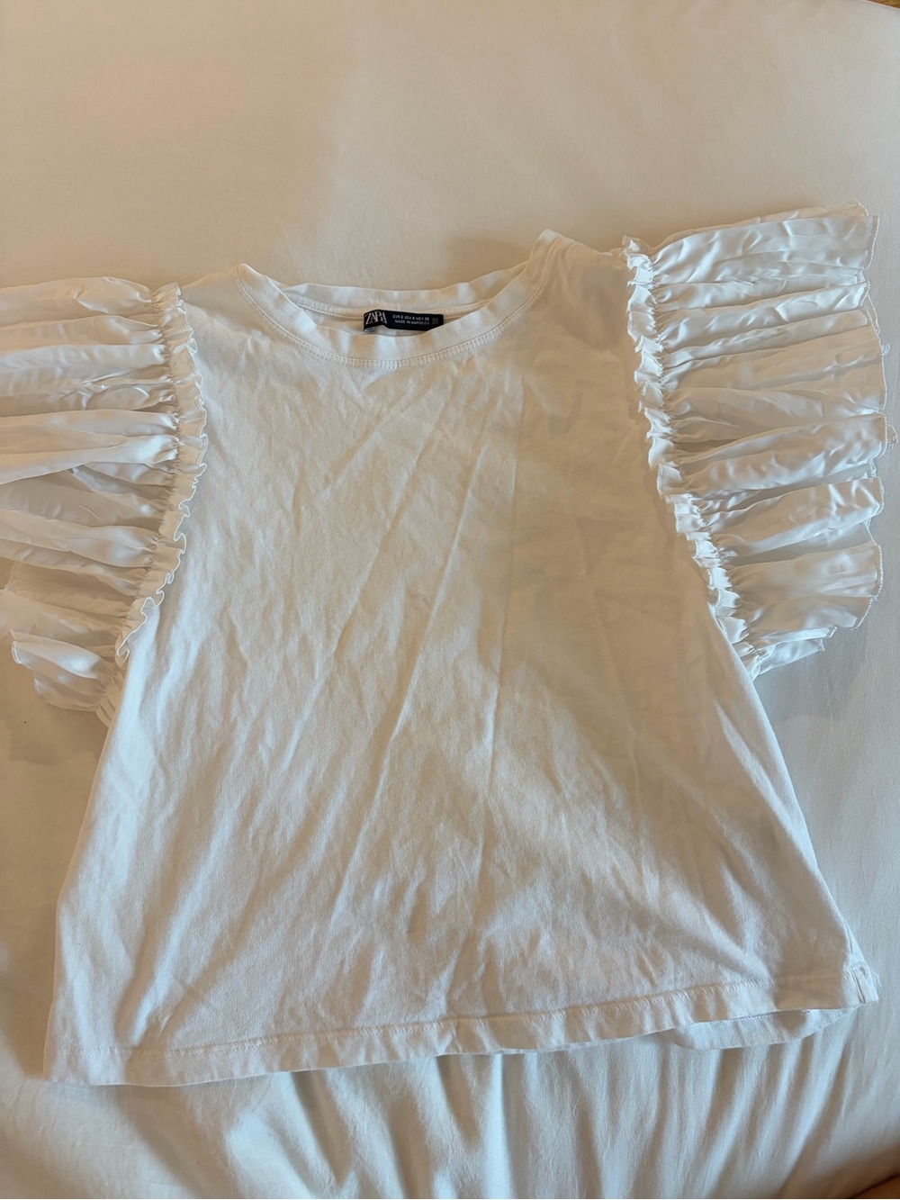 Zara White Ruffle-Sleeve Cotton Tee